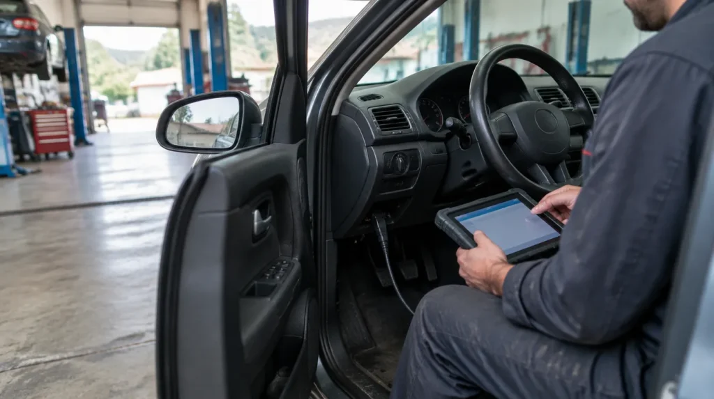 Mecánico haciendo una diagnosis electrónica con una tableta conectada al coche
