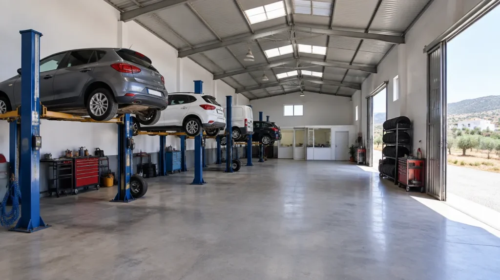 Interior de un taller mecánico con cuatro elevadores en fila, portones abiertos y oficina al fondo